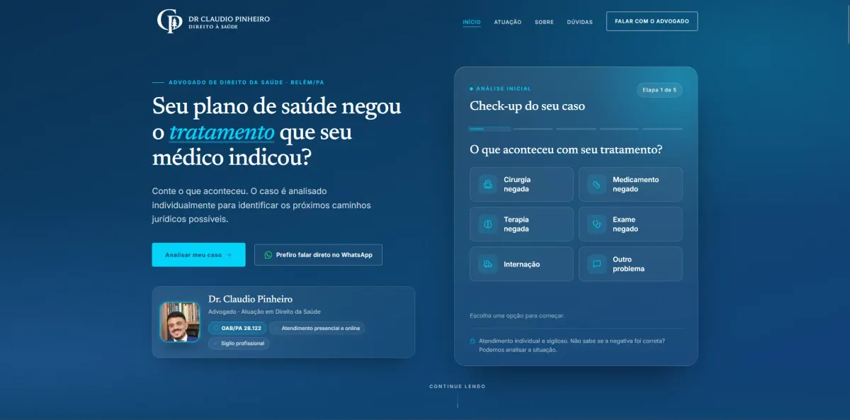 Página inicial do site Cláudio Pinheiro Advocacia